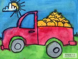 交通工具儿童画作品之运南瓜的皮卡车