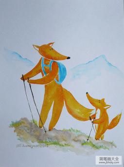 狐狸父子登山记拟人动物场景画教师范画