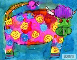 一头花奶牛外国小学生动物画作品展示