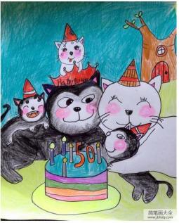 祝爸爸生日快乐关于小猫的绘画作品分享