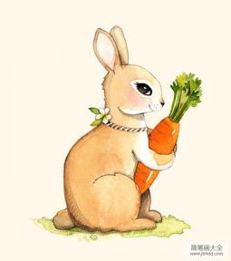 抱着胡萝卜的小兔子动物美术画图片赏析