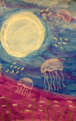 月光下的水母海底世界画画图片大全
