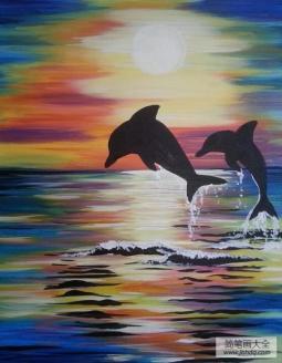 海底世界油画作品之大海上的海豚