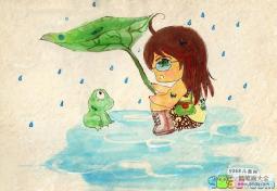 快乐暑假绘画作品之给小青蛙打伞