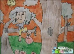 爬树摘苹果三年级有趣的暑假画作品赏析