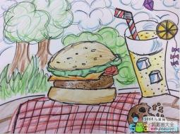 吃汉堡喝冷饮快乐暑假主题画作品分享