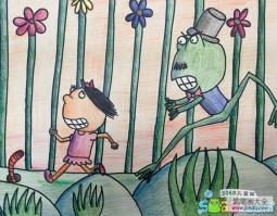 奔跑的大青蛙和小女孩夏天手绘画图片欣赏