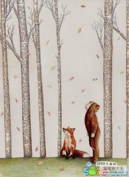 秋天风光儿童画图片之男孩与狐狸