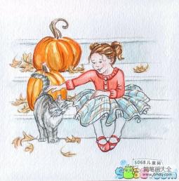 女孩和猫咪摘南瓜绘画作品欣赏