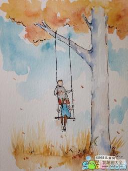 欢乐的荡秋千绘画 秋天落叶图画儿童画欣赏