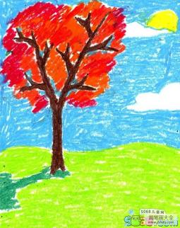 秋日山坡上的大树油画棒作品欣赏