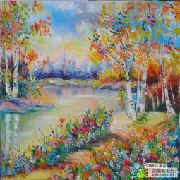 小河边的秋色秋天主题油画作品欣赏