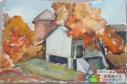 秋日的乡村秋天景色水彩画图片欣赏