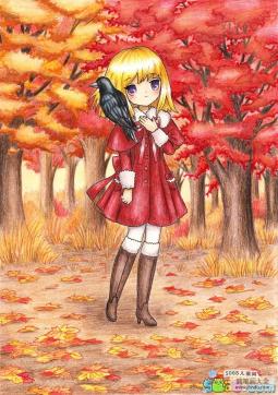赏秋的少女儿童画秋天老师范画在线欣赏