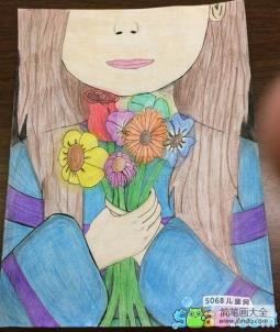 手捧鲜花的小女孩少儿彩铅画作品
