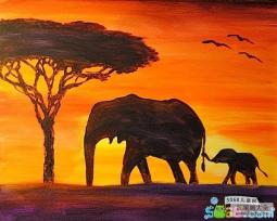 夕阳下的大象母子美丽的风景画作品分享