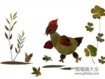 树叶贴画作品：可爱的小公鸡