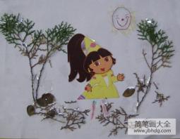树叶贴画作品：可爱的小女孩