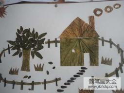 树叶贴画作品：故乡的村庄