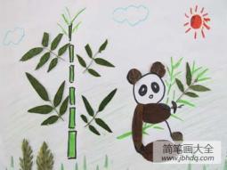树叶贴画作品：可爱的熊猫