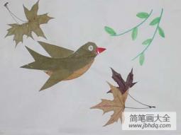 树叶贴画作品：可爱的鸟儿