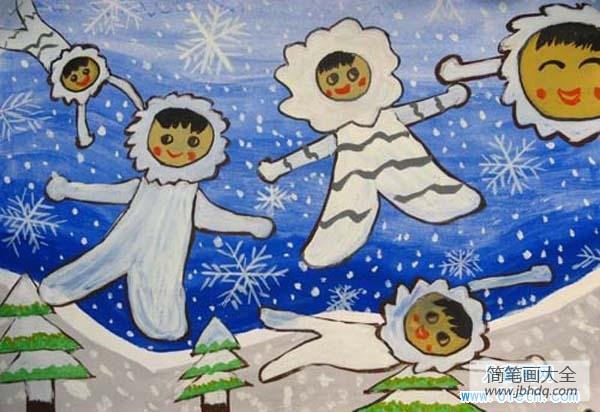 创意的冬天儿童画图片：雪花里翱翔
