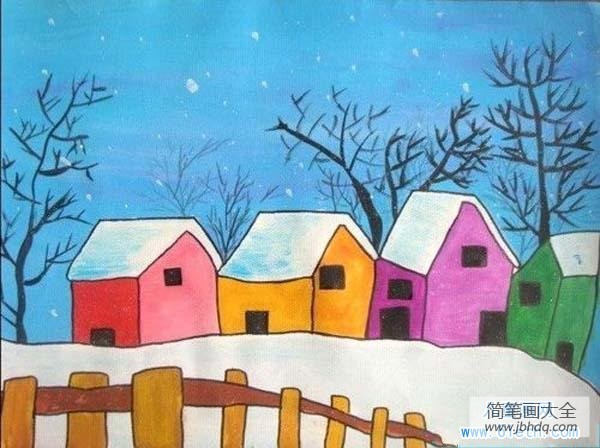 获奖的冬天儿童画水彩画：雪中的房子