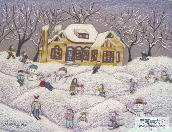 冬天主题儿童画图片：雪地里的玩闹