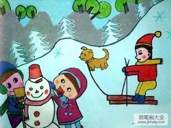 冬天场景儿童画图片：滑雪