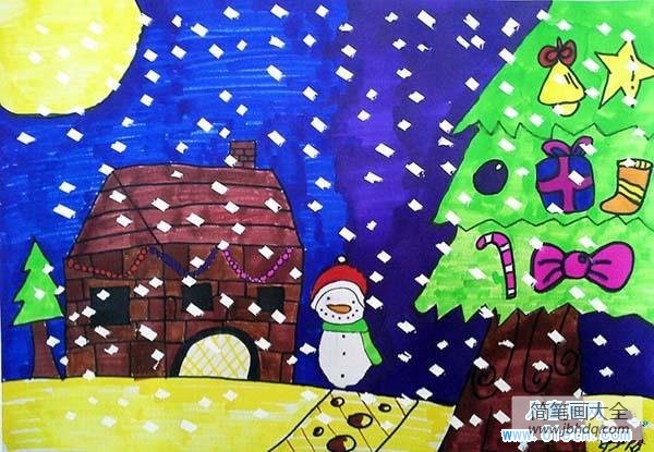 圣诞节儿童画：冬天雪中过圣诞