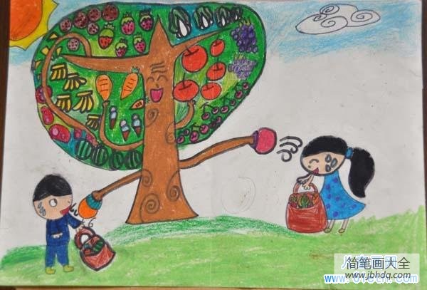 优秀的儿童科幻画作品：自动摘果果树