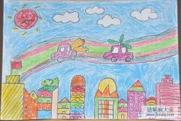 儿童蜡笔科幻画：空中彩虹公路