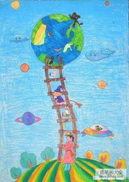 儿童油棒画科幻画:地球天梯