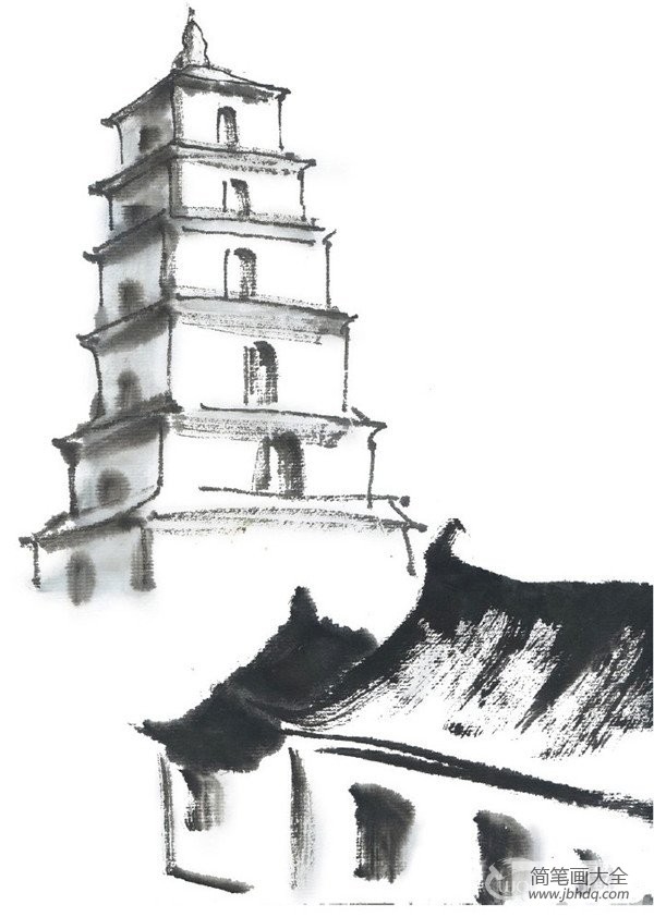 水墨大雁塔的绘画技法