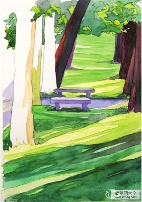 水彩投影示例夏日公园的绘画技法