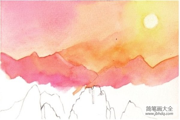 水彩日出的山顶绘画教程
