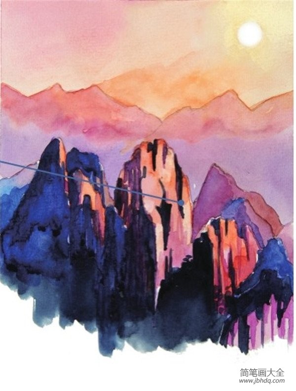 水彩日出的山顶绘画教程