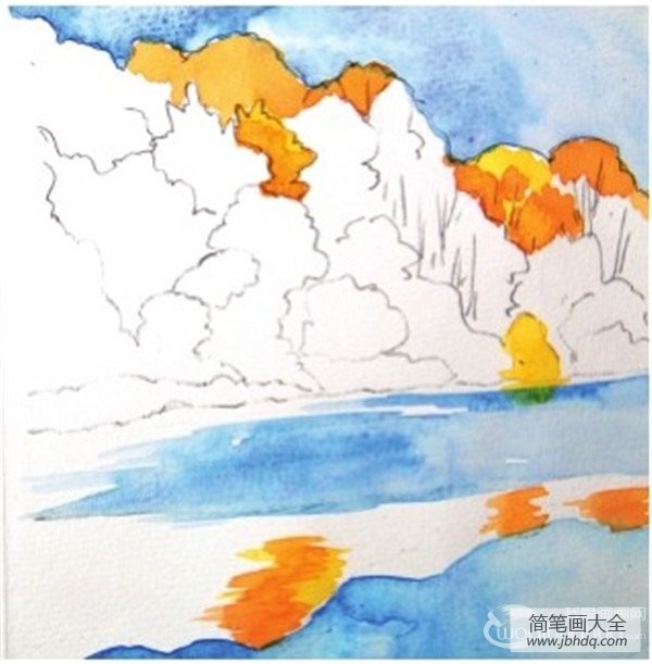 水彩倒影法微风吹拂的湖面绘画步骤