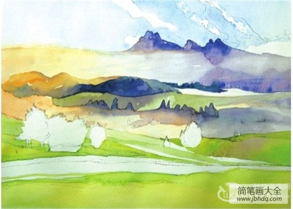 水彩草原清晨的绘画步骤