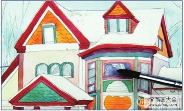 水彩冰雪彩色小屋的绘画教程