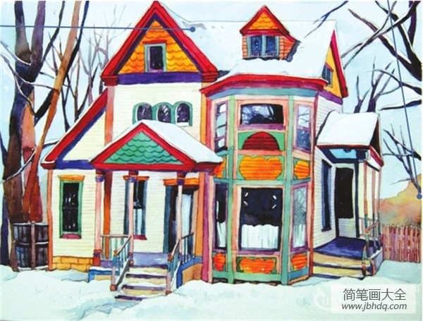 水彩冰雪彩色小屋的绘画教程