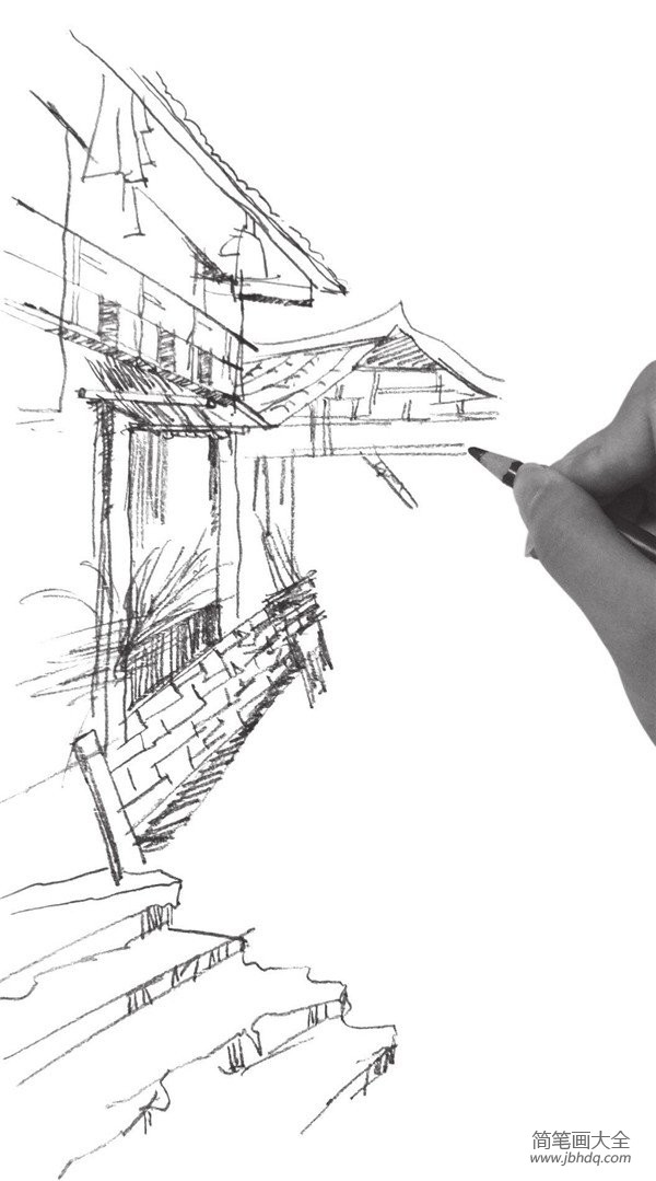 速写小巷房屋的绘画步骤