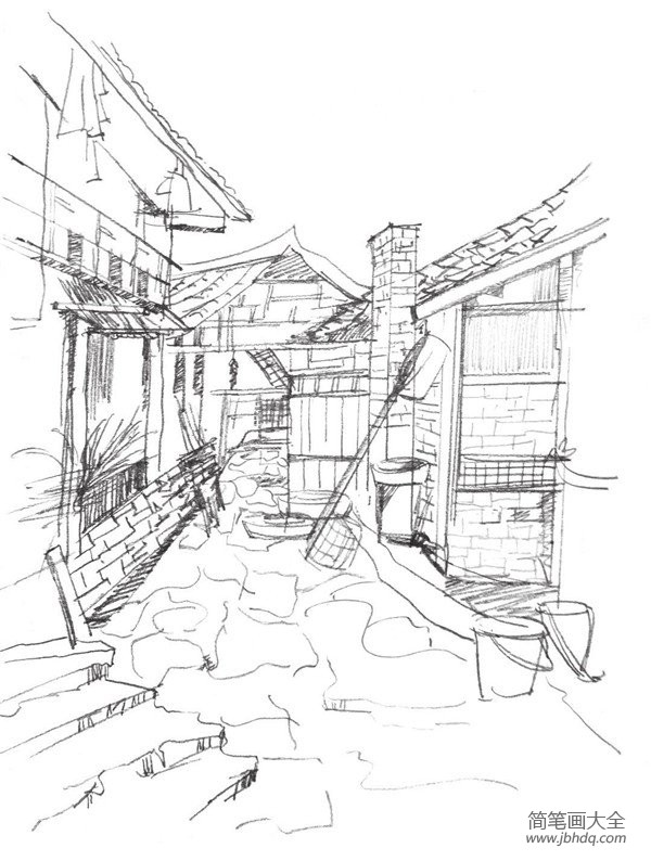 速写小巷房屋的绘画步骤