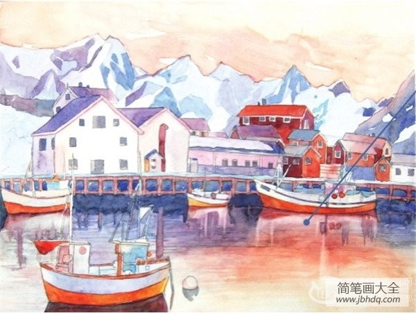 水彩雪山小镇的绘画技法