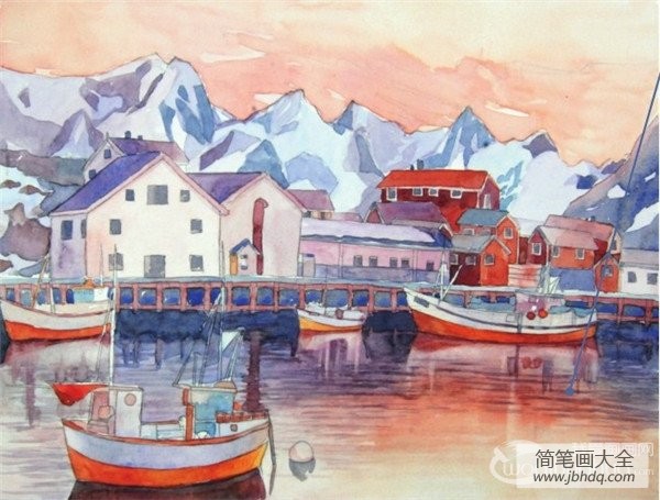 水彩雪山小镇的绘画技法