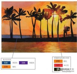 水彩剪影法夕阳下的棕榈树绘画步骤