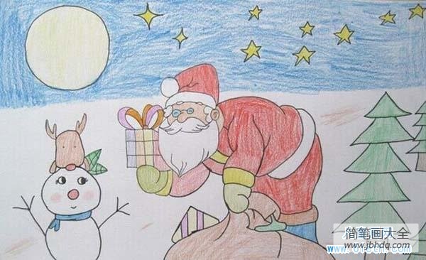 幼儿圣诞节彩色铅笔画作品：送礼物的圣诞老人
