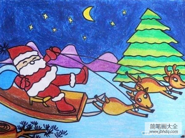 优秀的圣诞节儿童画图片：麋鹿拉雪橇上的圣诞老人