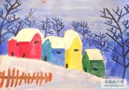 雪中的房子儿童画水粉画作品欣赏