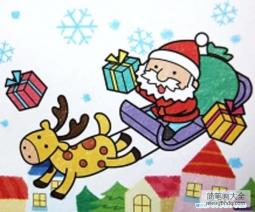 圣诞节儿童画油画棒画图片：圣诞老人送礼物